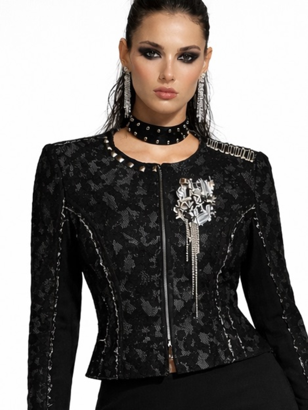 Express Lace Embellished Cropped Jacket | Black Evening Industrial | Size Small - Picture 16 of 16